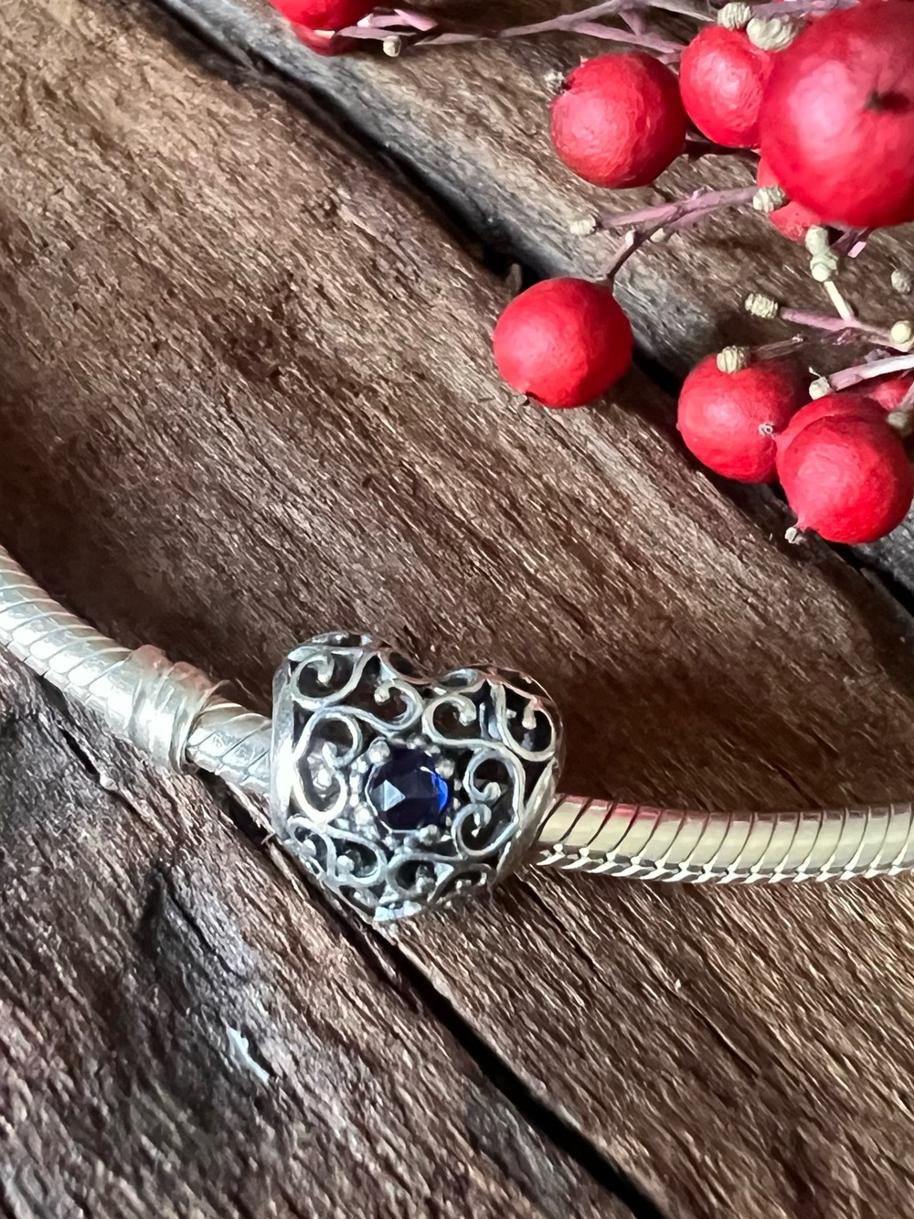 Authentic Pandora Charm September Sapphire Signature Heart Filigree Openwork